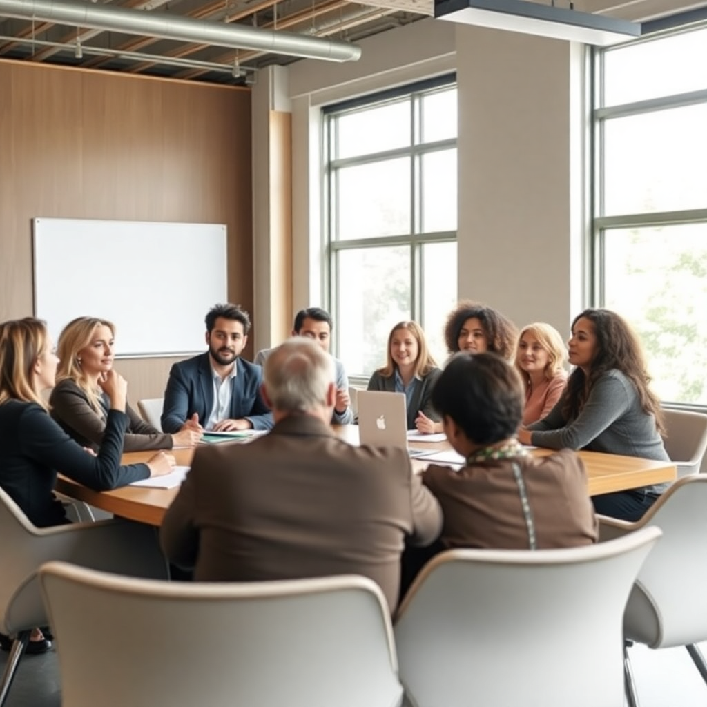 diverse group of community organizers and advocates working together in meeting room, professional nonprofit setting, natural lighting