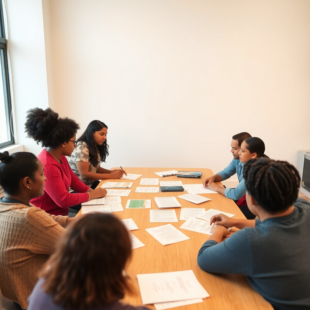 diverse group of community organizers planning strategy, people around table with papers