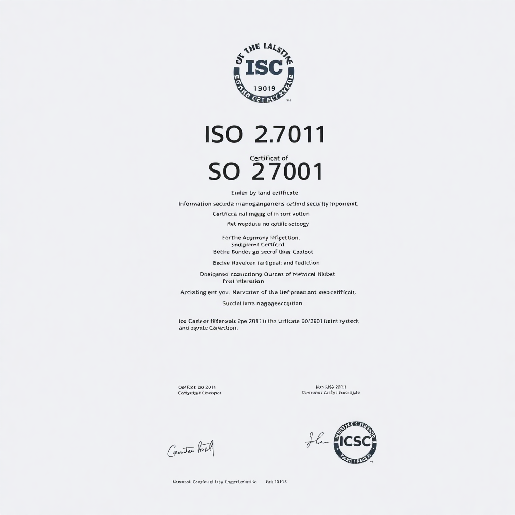 ISO 27001 information security management certificate, international standard certification, official document with ISO logo