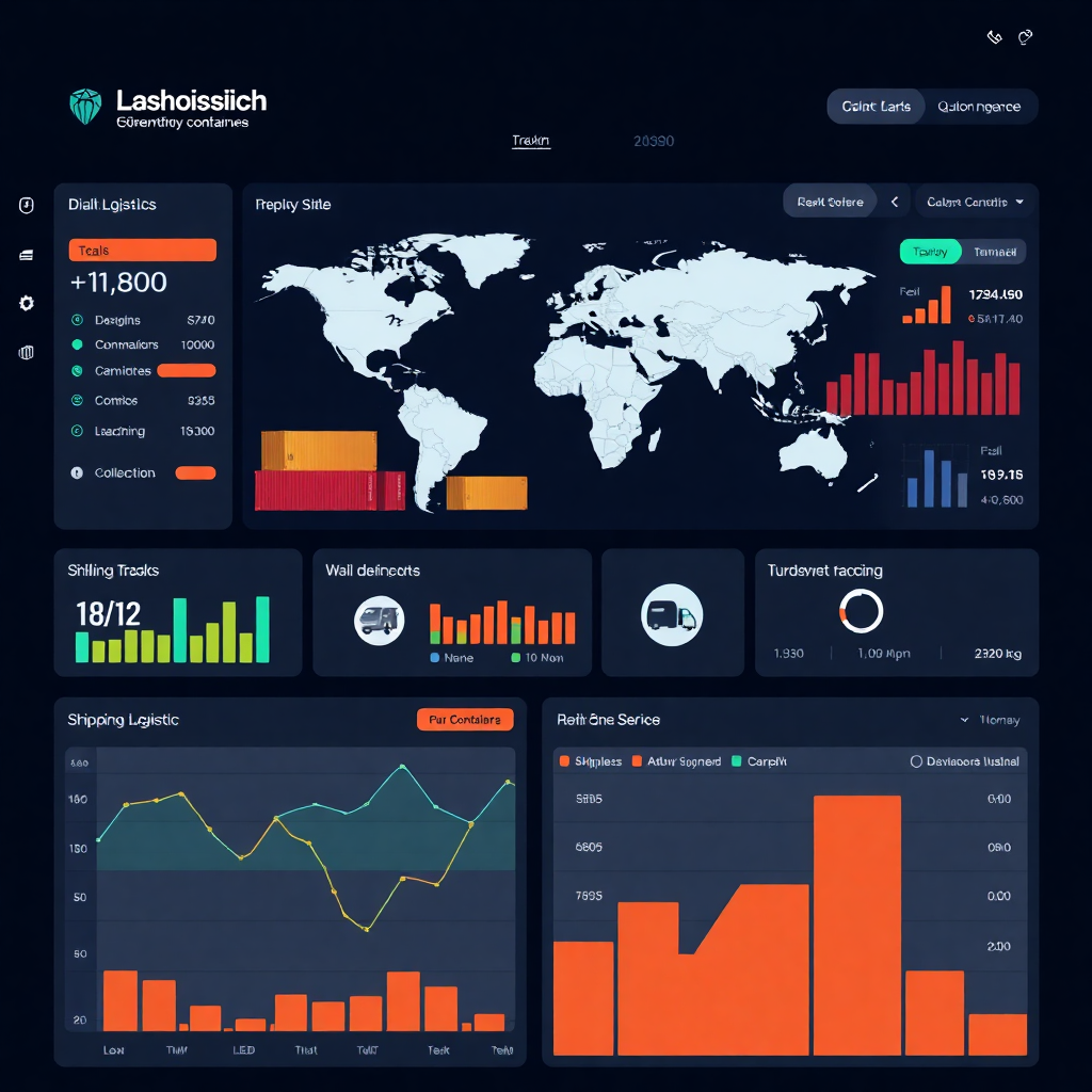 modern logistics dashboard interface with shipping containers, world map, and tracking data
