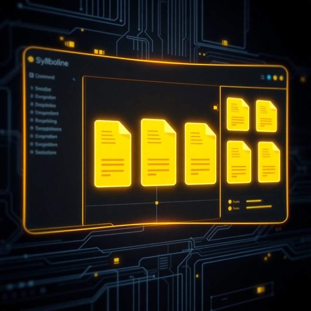 abstract digital document management system, file organization visualization, dark tech interface with neon yellow elements, secure document storage