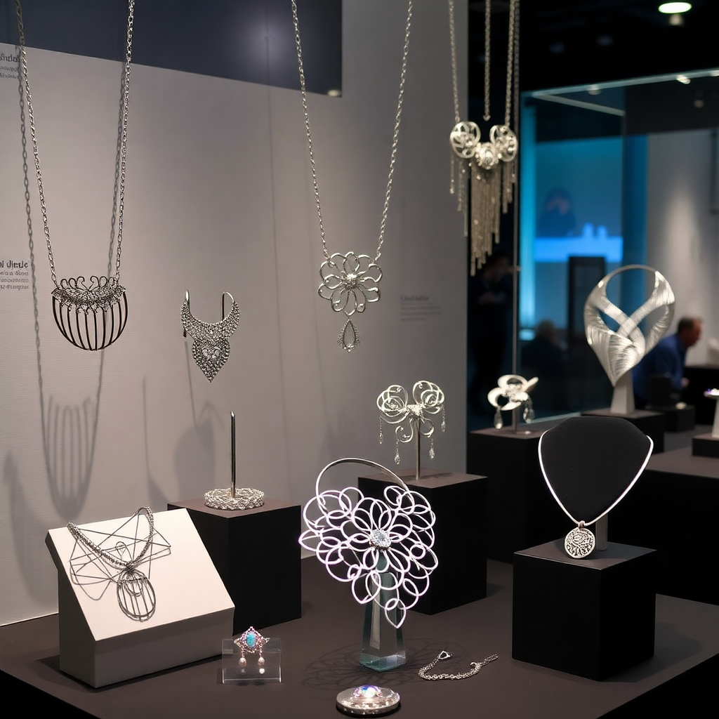 modern silver jewelry collection, contemporary designs, exhibition display, professional photography