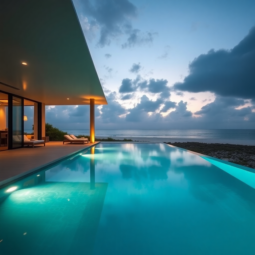 luxury beachfront villa with infinity pool in Tulum, Mexico, cinematic lighting