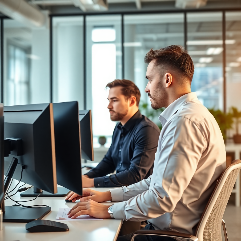 professional IT consultants working in a modern office, two men looking at monitors, bright, clean, realistic photography style, side view