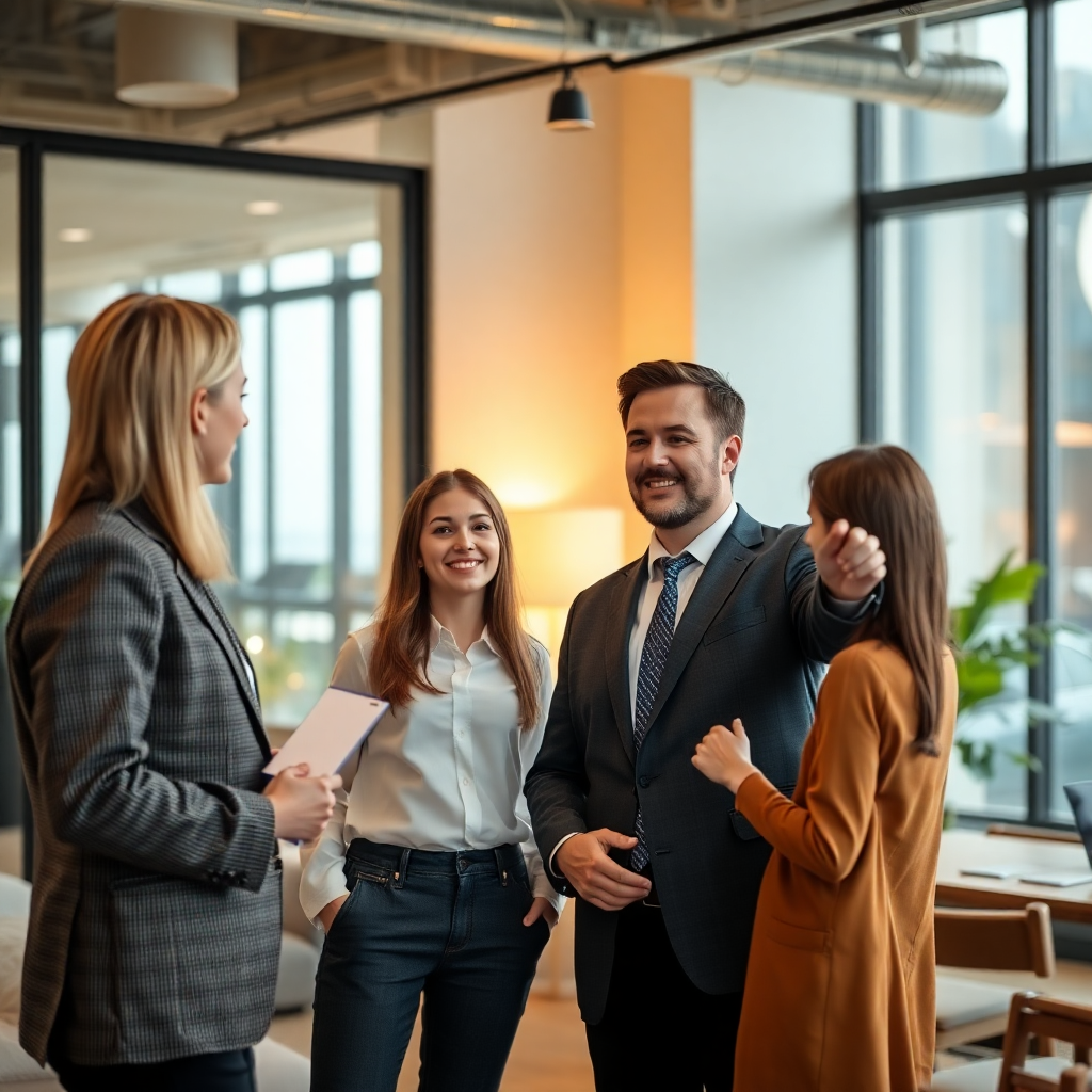 professional real estate agent showing property to clients, modern office interior, warm lighting, business photography
