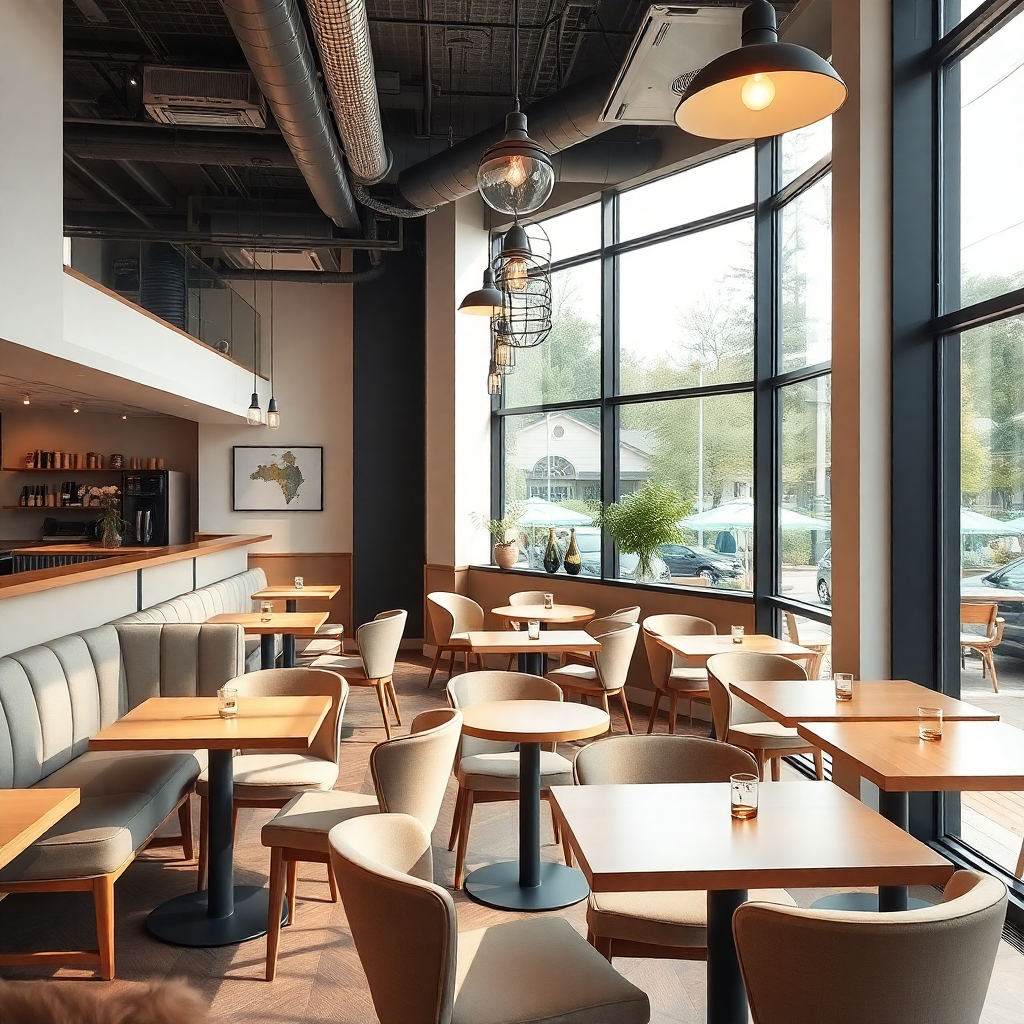 casual elegant cafe interior, comfortable seating, natural lighting, modern breakfast restaurant design