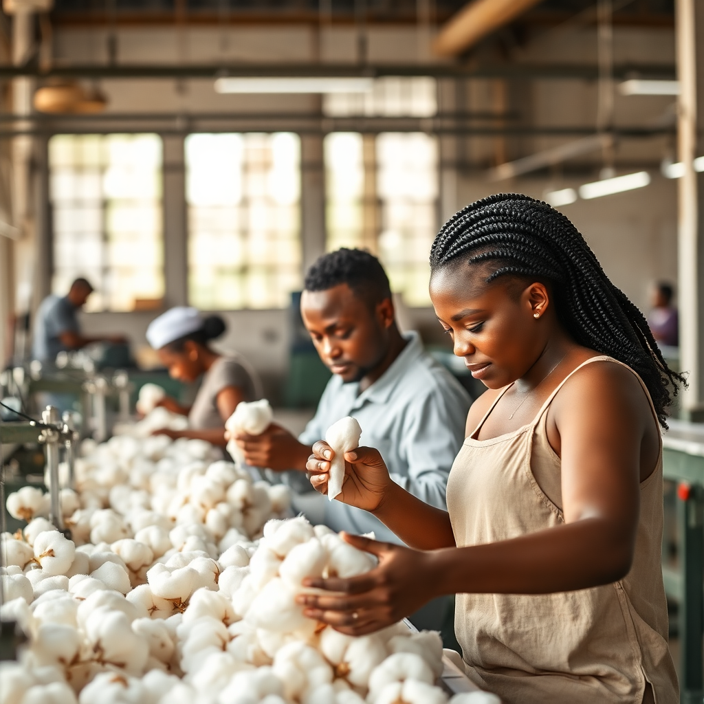 African textile factory workers collaborating, modern industrial setting, cotton processing, warm natural lighting, professional atmosphere