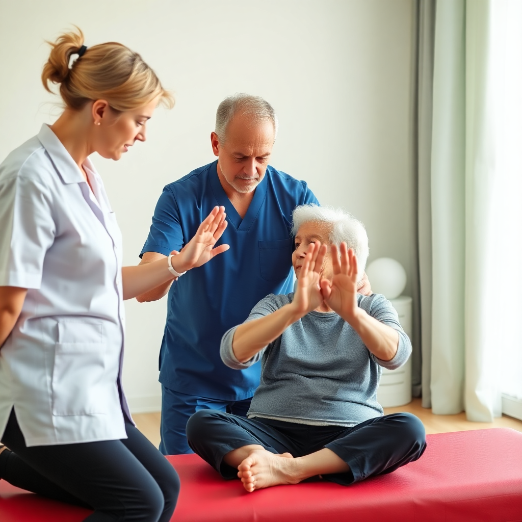 elderly person doing gentle physiotherapy exercises with professional guidance, bright medical setting