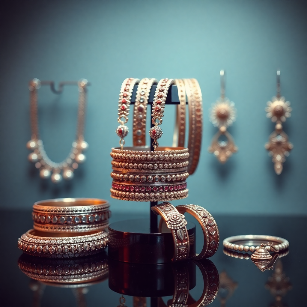 silver anklets and bangles traditional Indian jewelry, elegant display, professional photography