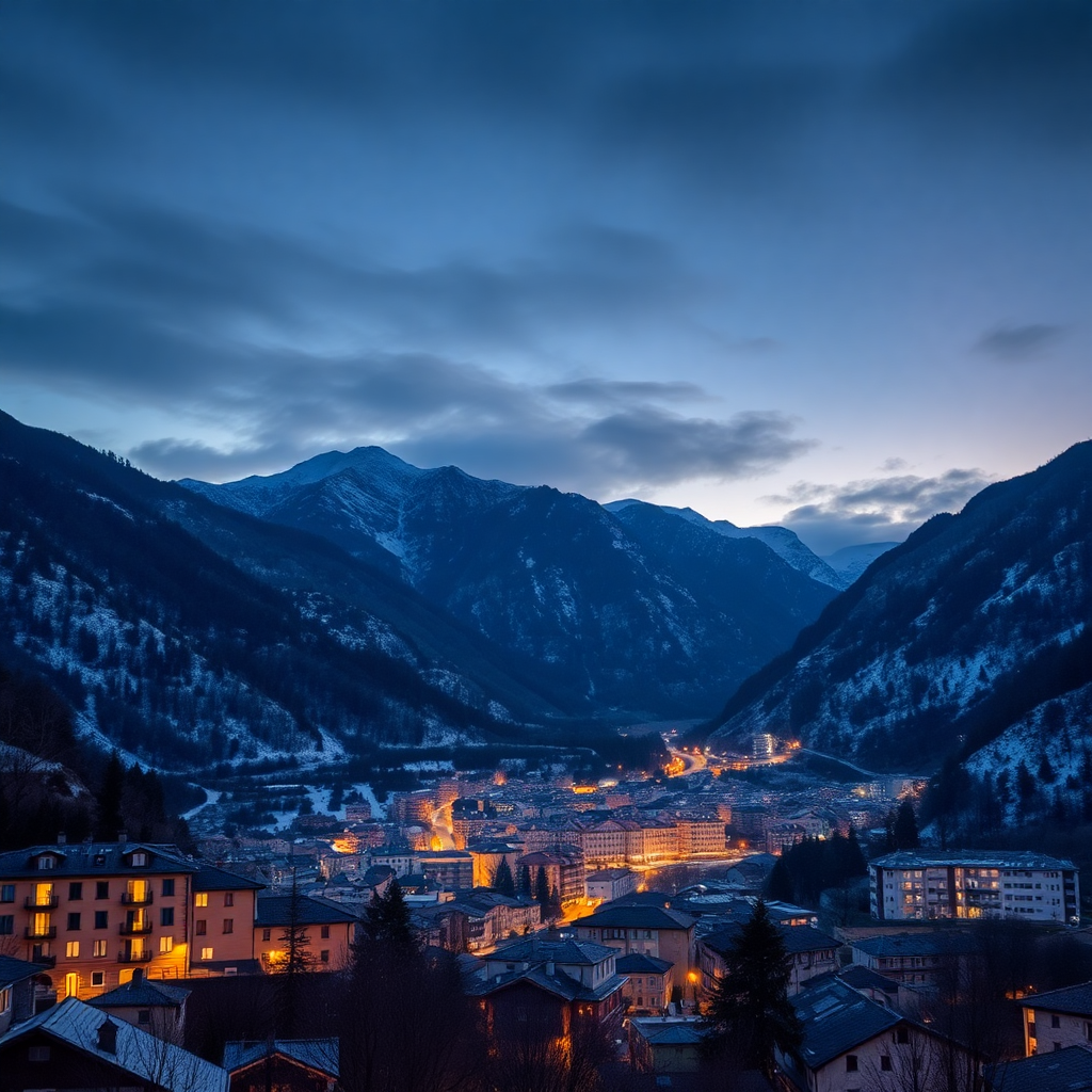 Andorra la Vella capital city mountain valley luxury residential buildings evening lights editorial photography