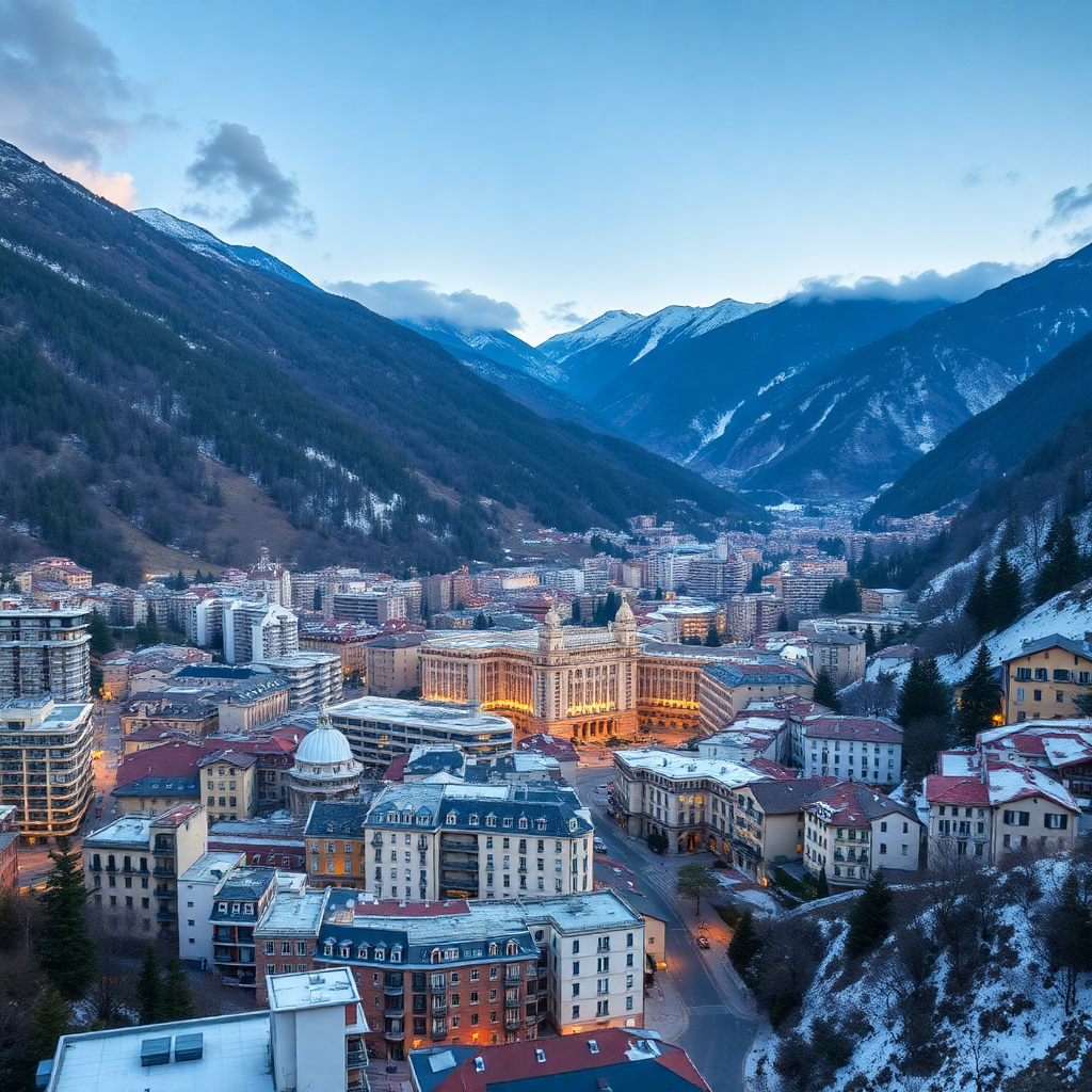 Andorra la Vella capital city aerial view modern buildings valley mountain editorial photography luxury