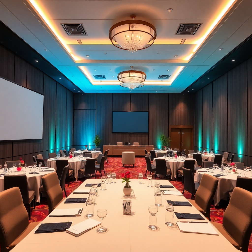 corporate event with professional setup, business meeting room, elegant presentation space, modern lighting