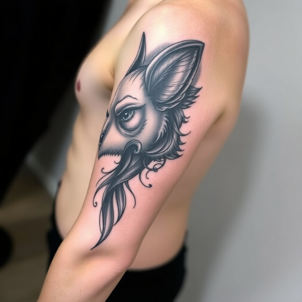 detailed realistic black and gray sleeve tattoo with subtle gold accents, professional tattoo photography