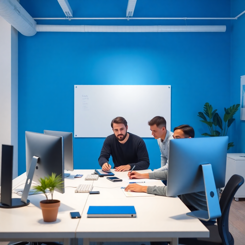 Equipo moderno de agencia digital trabajando en estrategia creativa, esquema azul y blanco, espacio profesional con computadoras y herramientas de dise&ntilde;o.