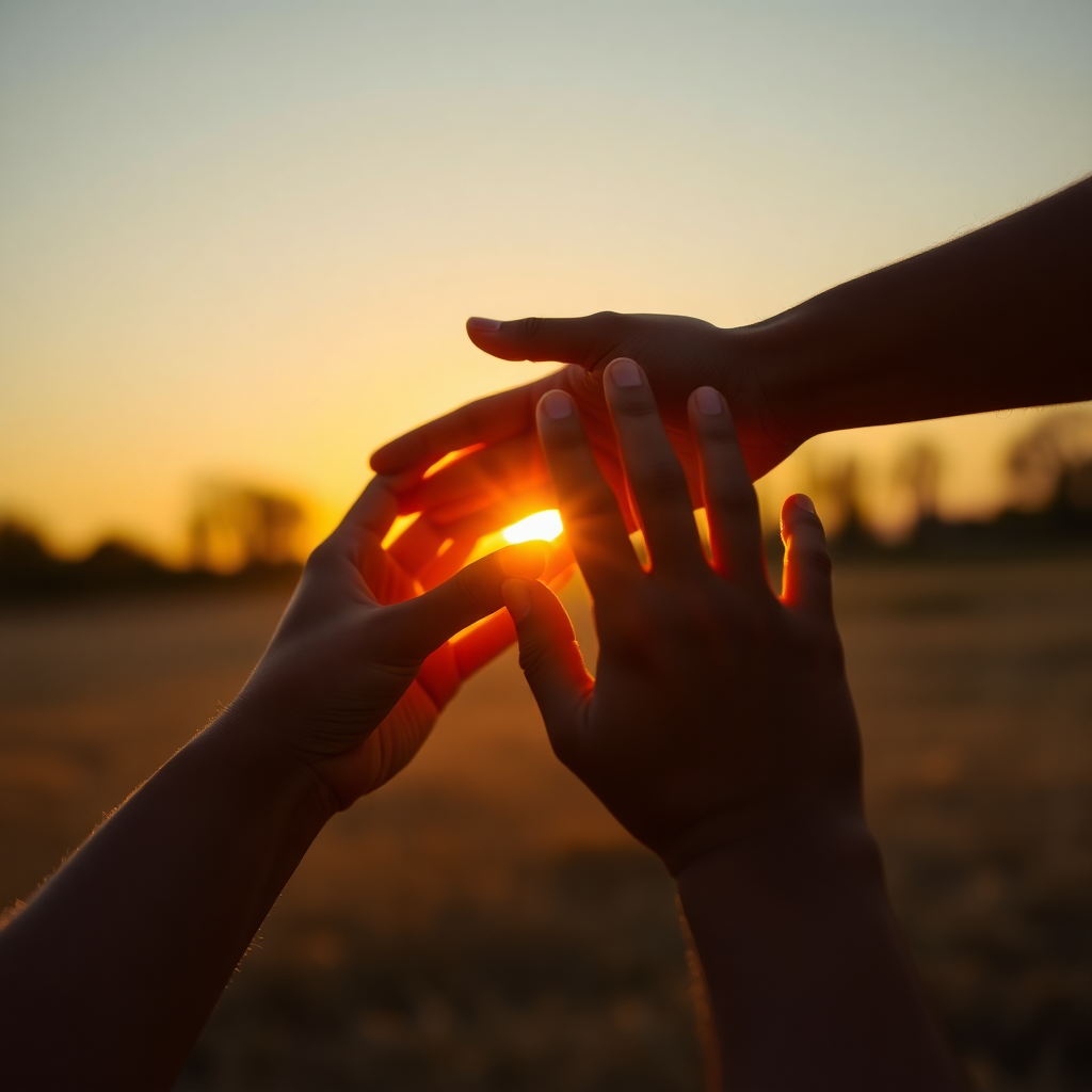 hands reaching out to help, warm golden hour lighting, connection and support, emotional depth