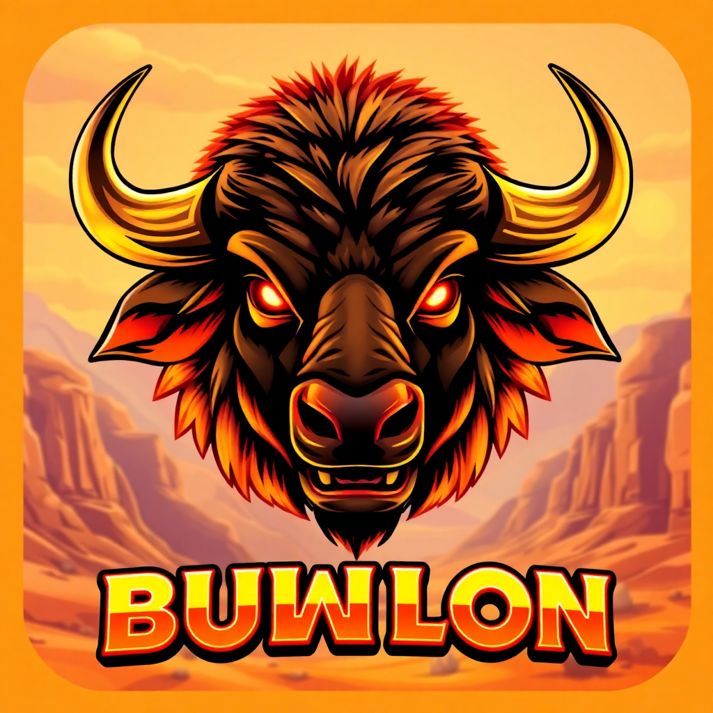 illustration of a fierce buffalo head with glowing eyes, golden horns, desert canyon background, slot game icon style, vibrant orange and yellow colors