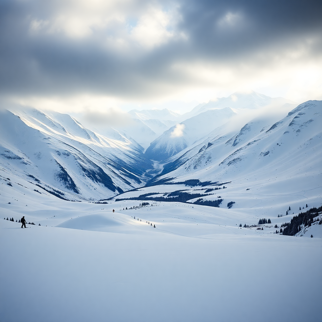 Grandvalira ski domain Soldeu Andorra panoramic ski slopes wide piste powder snow dramatic alpine peaks luxury private ski day editorial photography dark cinematic morning light