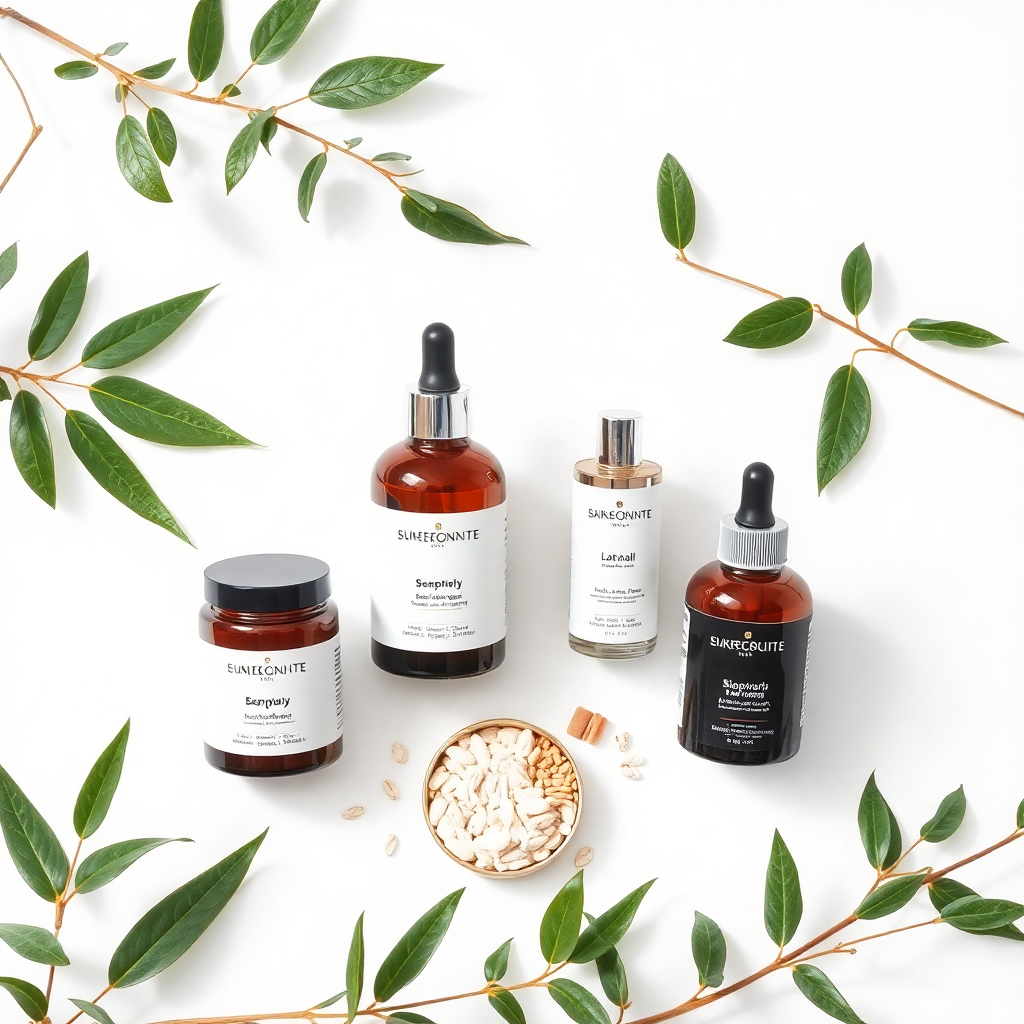 elegant beauty products and supplements on minimalist white background with green plants