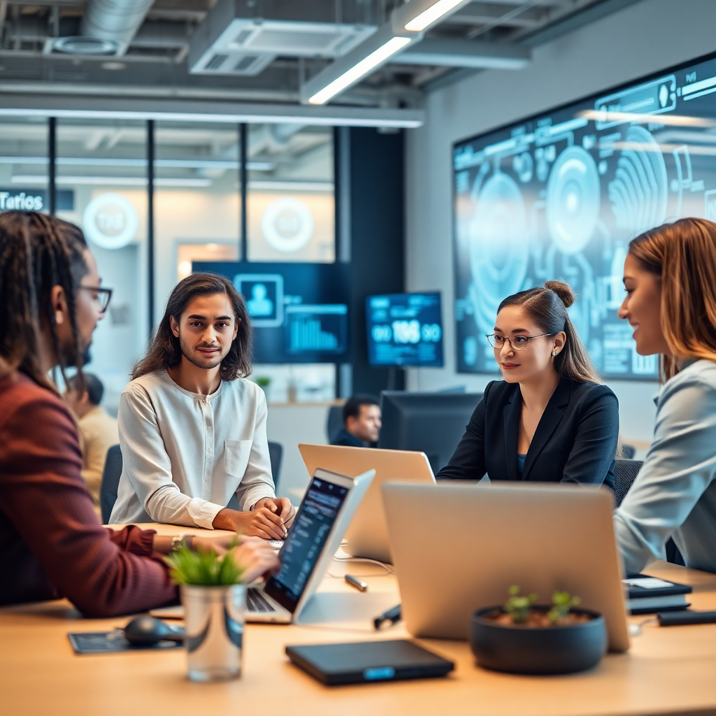 diverse team working together in modern office with AI technology displays, collaborative workspace with futuristic elements