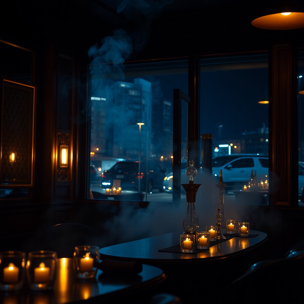 Cinematic shot of a moody shisha bar interior at night, smoke swirling in dim lighting, elegant glassware, dark blue and gold tones, hakodate night view through window, ultra realistic, 8k
