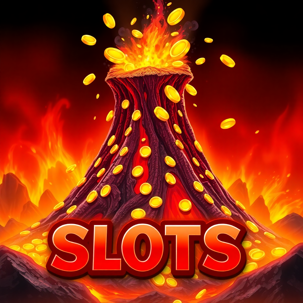 volcano erupting gold coins, lava background, intense red and orange colors, slot game icon