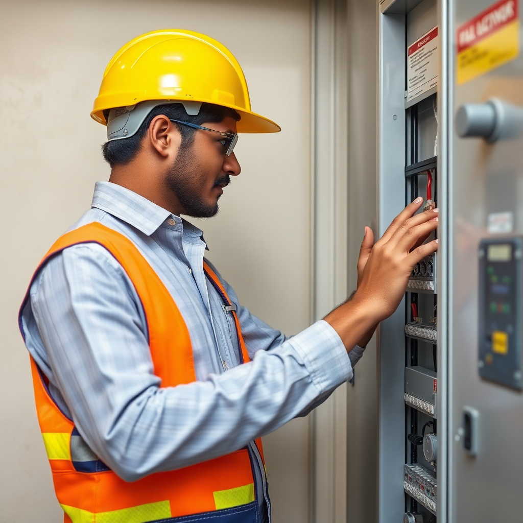 Professional Indian electrician working on electrical panel, safety gear, realistic photography