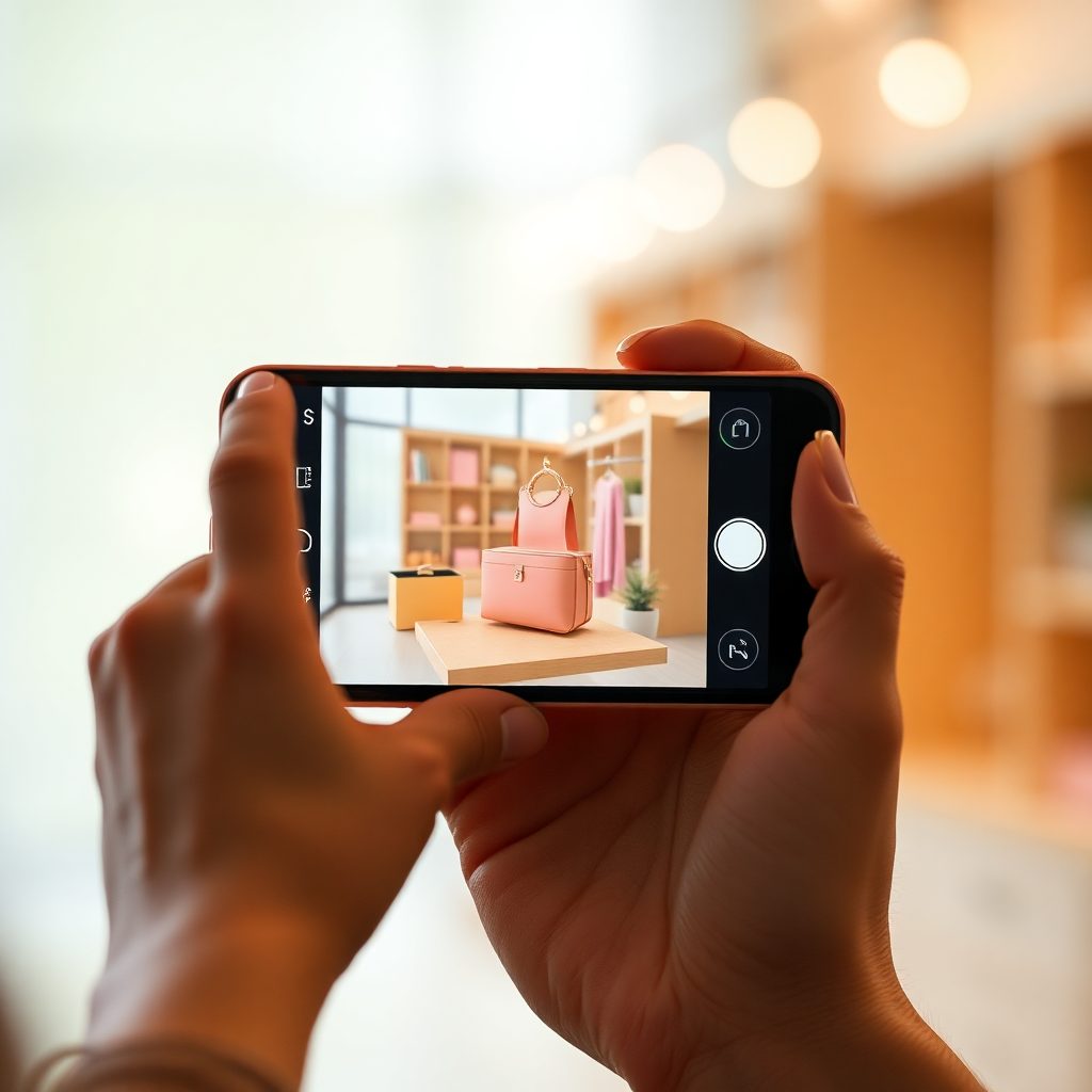 Person holding smartphone using AR shopping app, soft natural lighting, warm aesthetic, showing a 3D product floating in real space