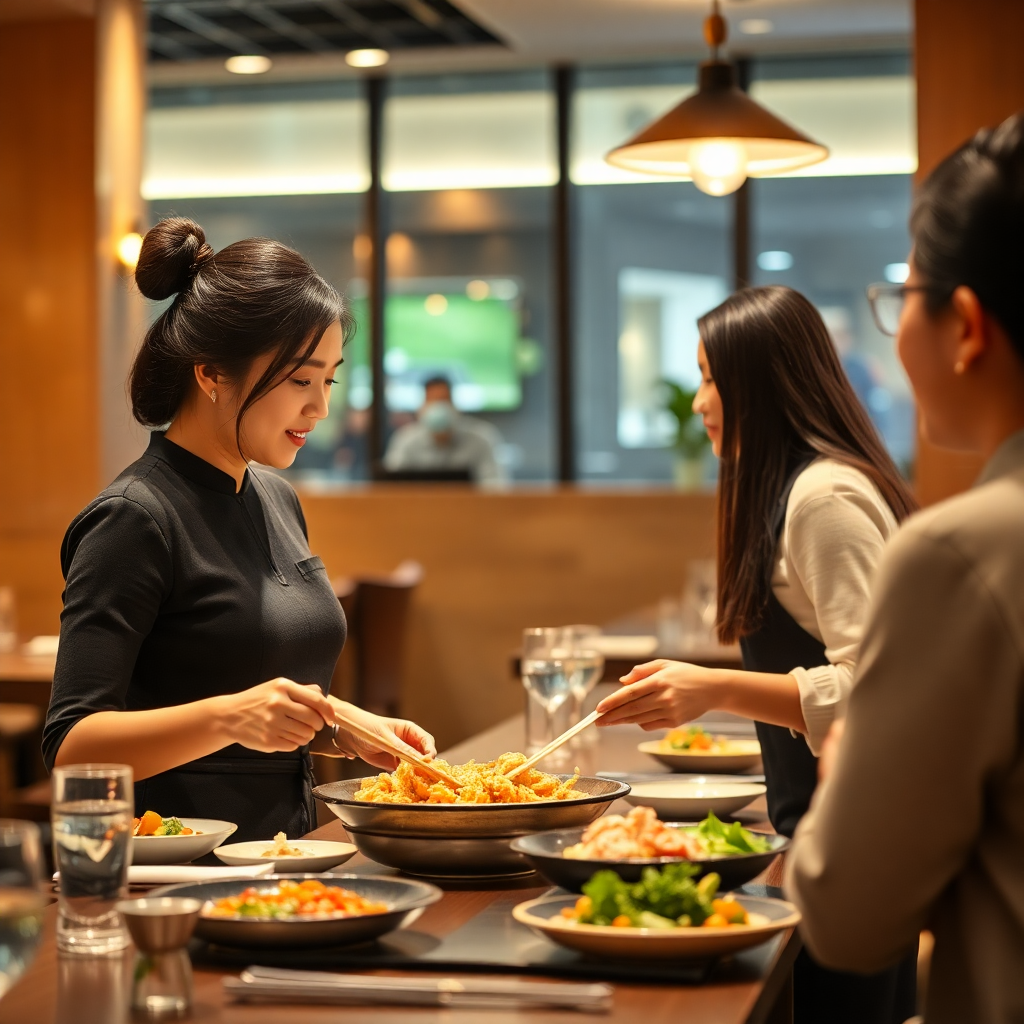Korean female server presenting traditional Korean food to a young Hispanic female customer in a modern Korean restaurant, dining service, warm ambient lighting