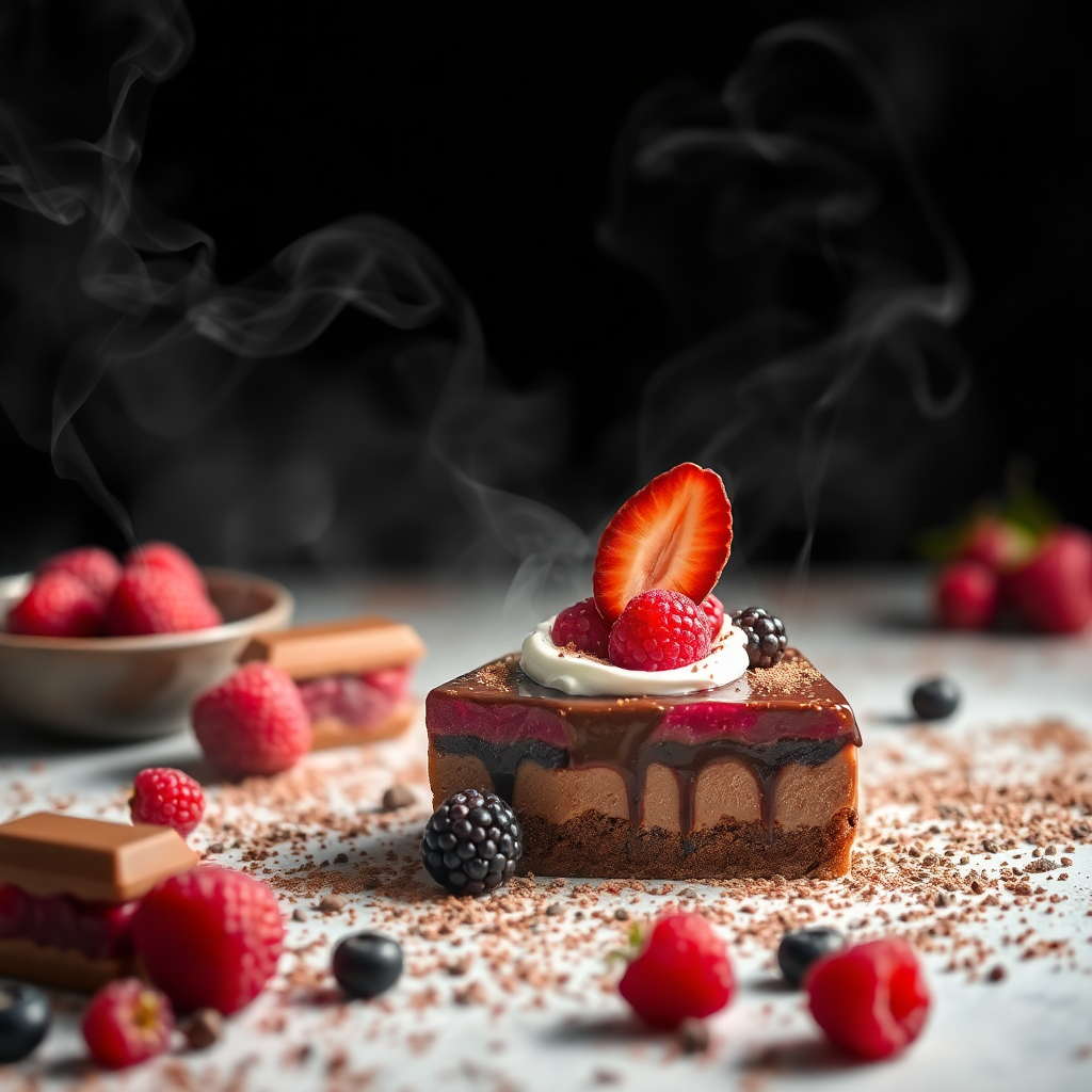 Sweet dessert shisha flavor concept, chocolate, berries, smoke, rich and dark photography