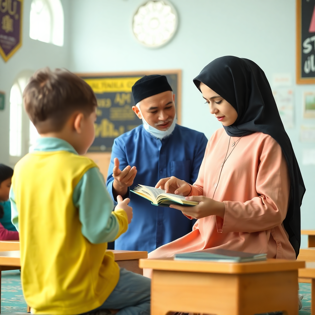 islamic school children learning quran, teacher and students in classroom, educational setting