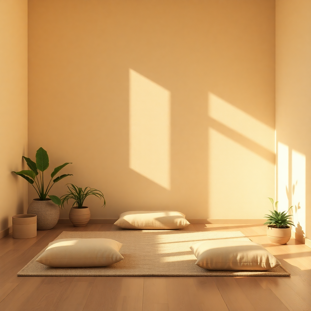 serene mindfulness meditation space with soft natural lighting, warm earth tones, peaceful atmosphere, comfortable cushions, plants, gentle watercolor style