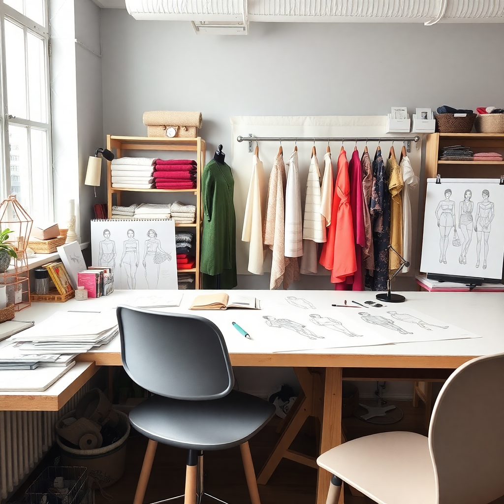 fashion design studio workspace with fabric swatches and sketches