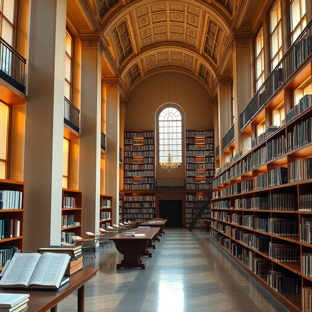 modern theological library with elegant books and digital learning setup, warm golden lighting, european academic atmosphere