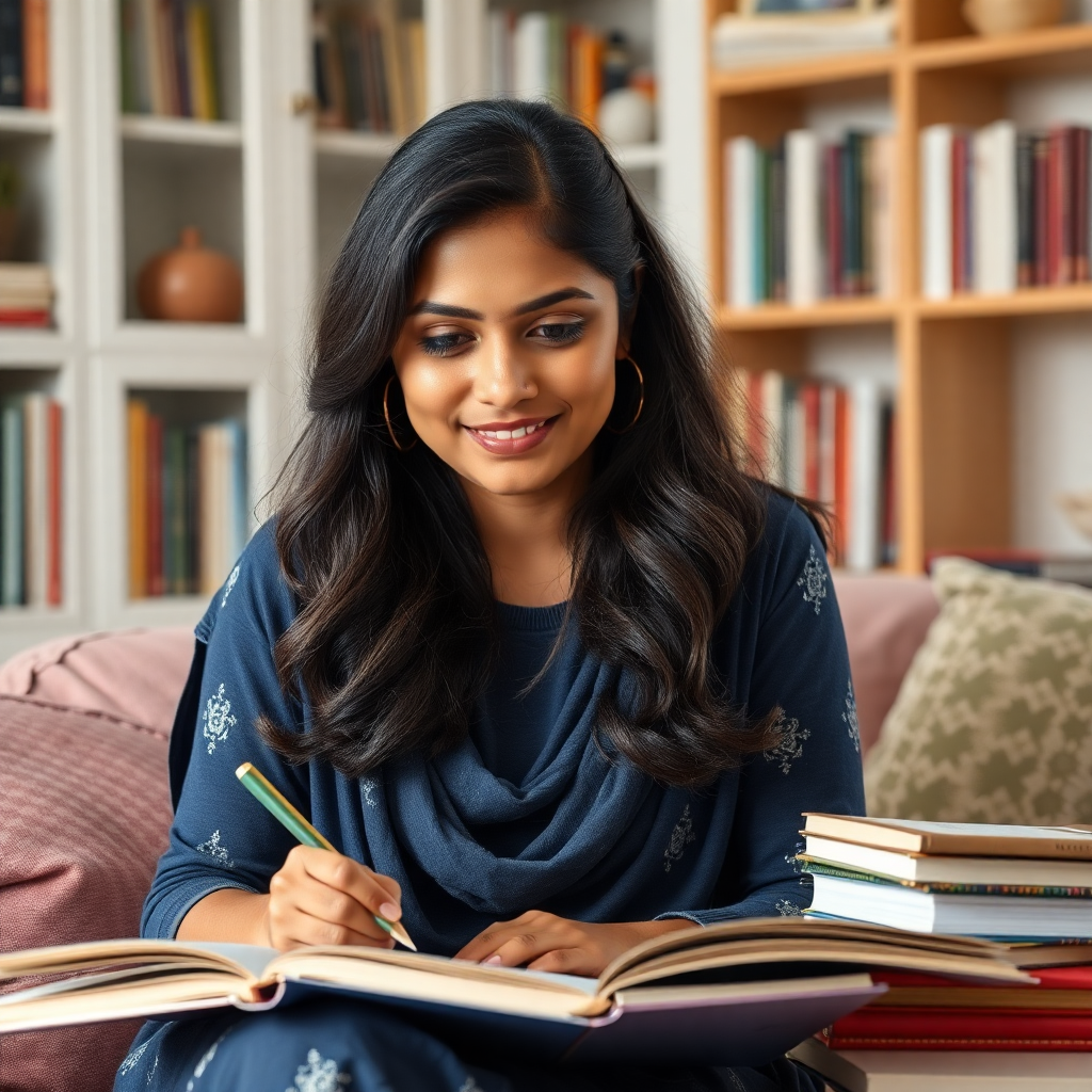 Professional Indian female tutor teaching, books around, warm home setting, realistic photography