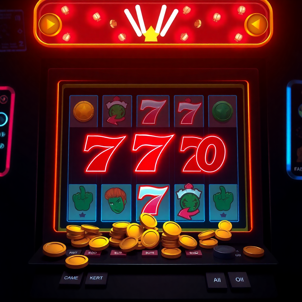 dark casino slot machine game interface background with neon lights and coins