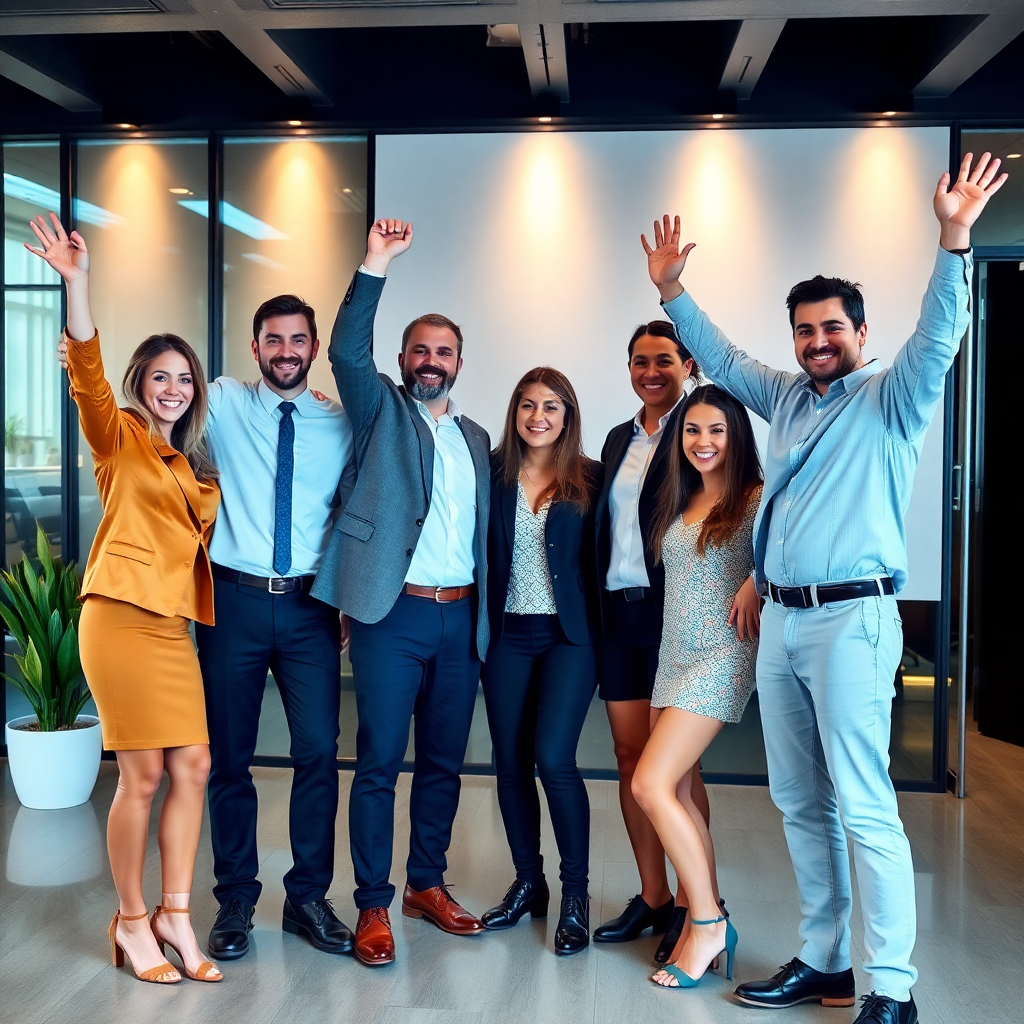 business growth success meeting, marketing results presentation with client, team celebrating campaign achievements, professional milestone moment, corporate photography style