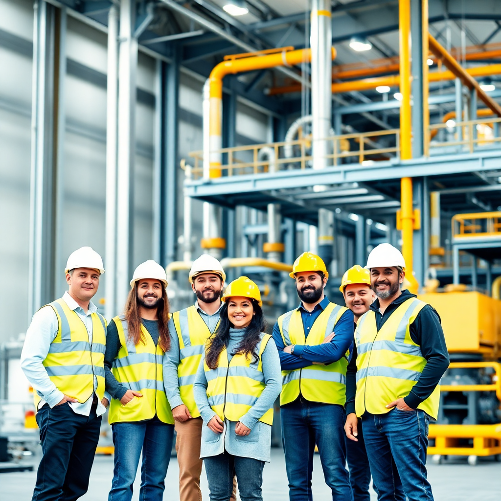 Professional diverse team of engineers and workers in hard hats at modern industrial oil facility, team collaboration