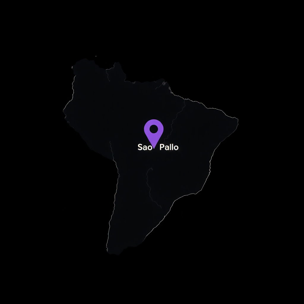 Minimalist dark mode map showing Sao Paulo Brasil location with an orange marker pin, sleek corporate style