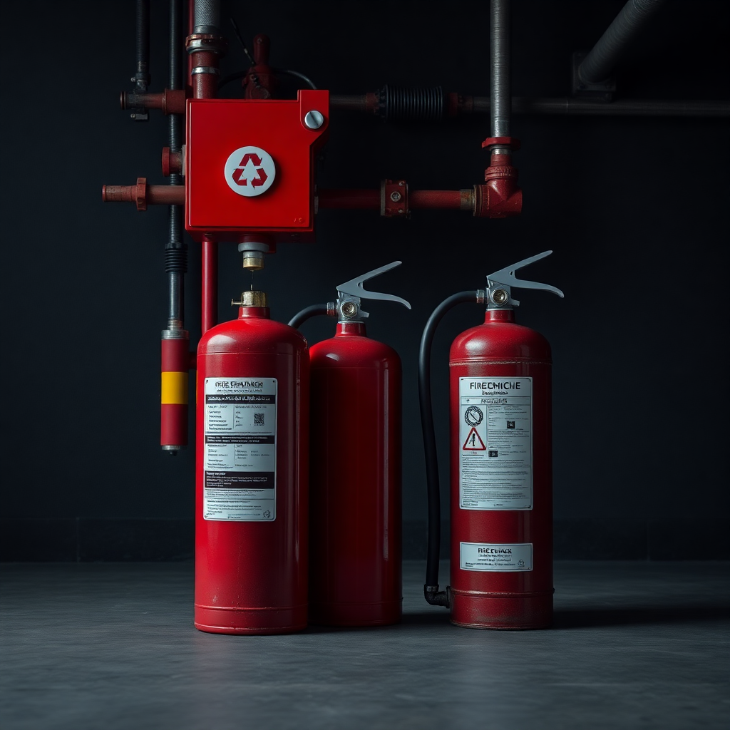 fire safety equipment fire extinguisher sprinkler system dark industrial background professional photography