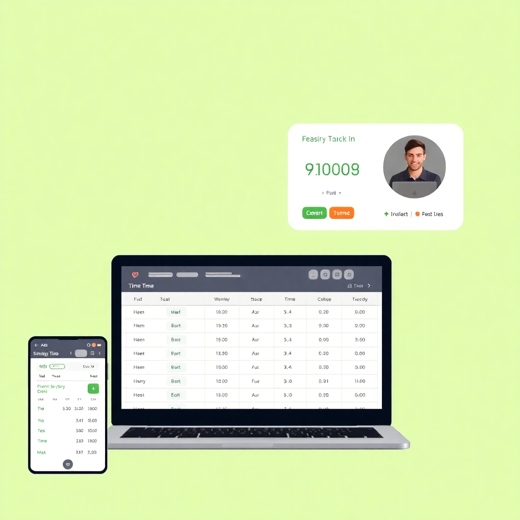 employee time tracking system interface with clock-in features, modern HR software