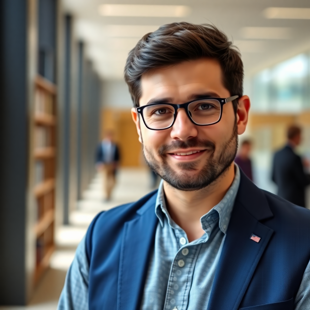 Professional male professor in university setting, AI ethics expert, portrait photography