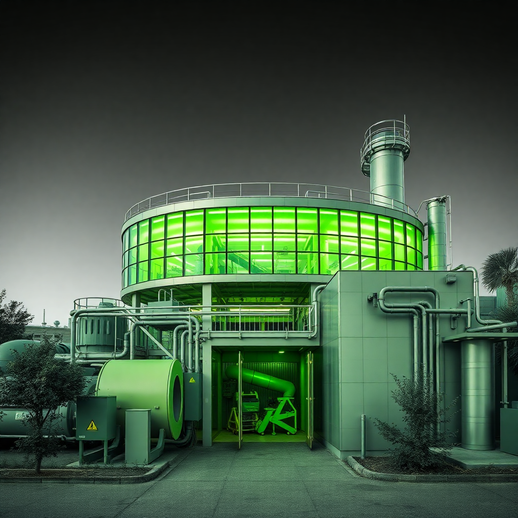 waste management facility with modern architecture and green technology elements, monochromatic green filter