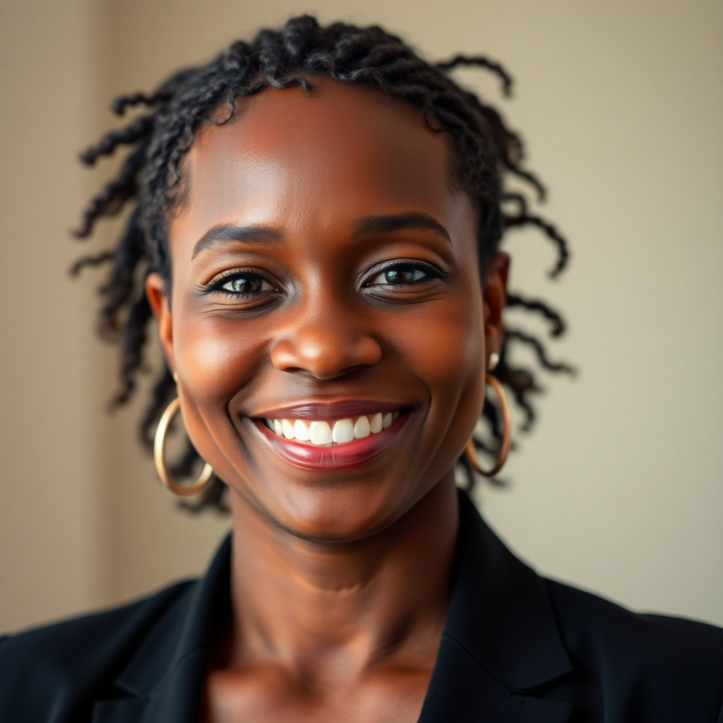 portrait of smiling confident Black woman, natural lighting, authentic genuine smile, professional photography, warm tones