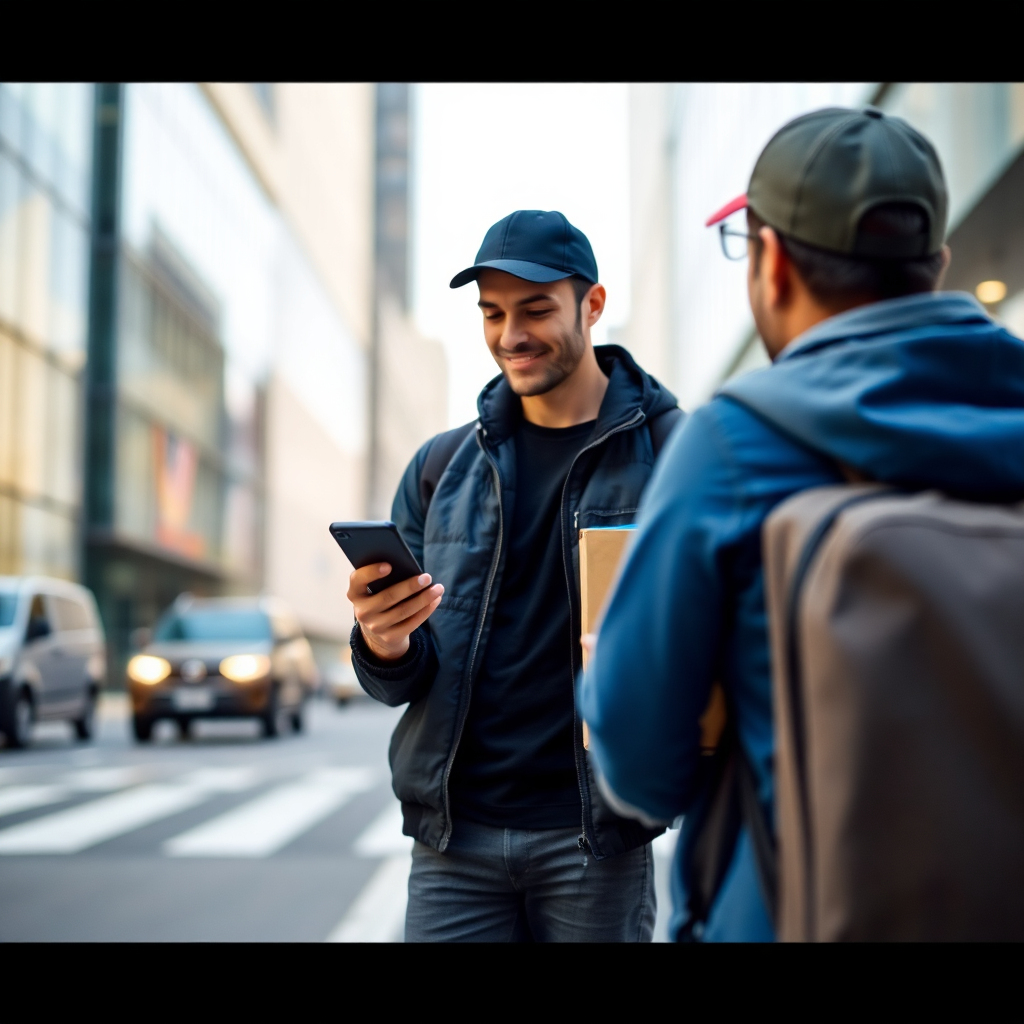 delivery person using mobile app to navigate to destination, modern urban setting, professional photography style