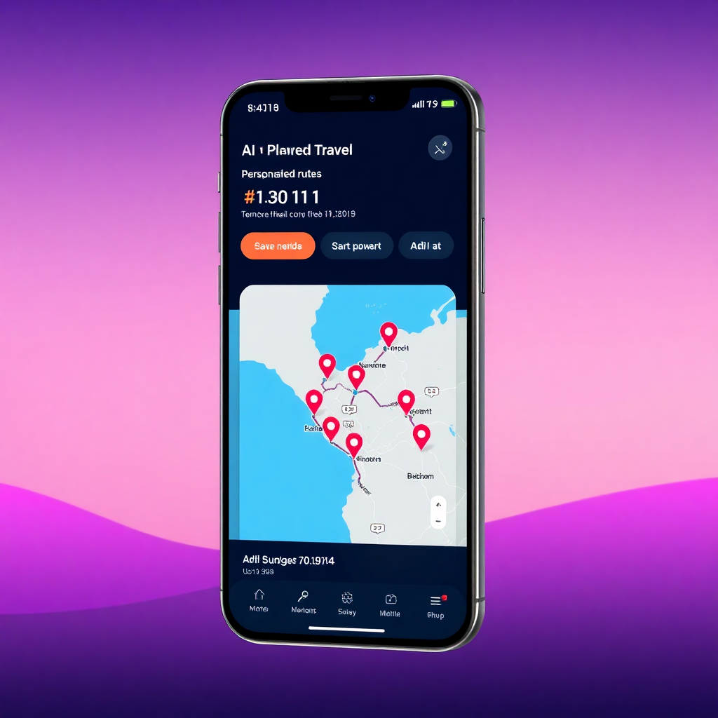 modern smartphone interface showing AI-powered travel app with personalized route recommendations, map view with pins, dark theme with purple and pink gradients