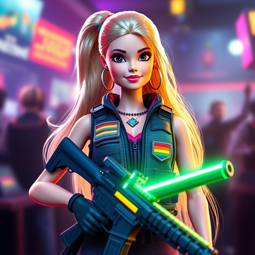 barbie in tactical vest with pride flag patches, holding neon weapon, esports tournament poster style, meme aesthetic