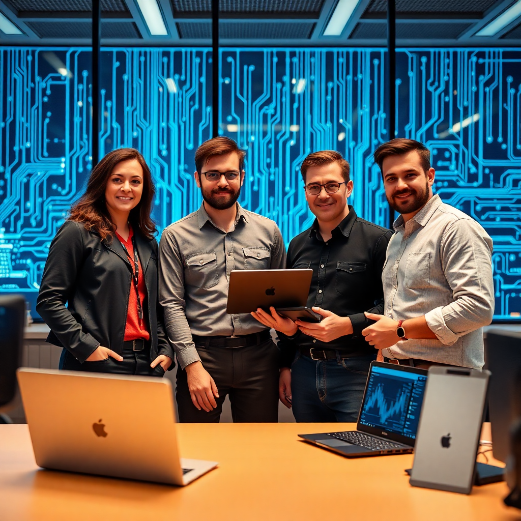tech team in modern office with digital displays, circuit patterns, blue tech background