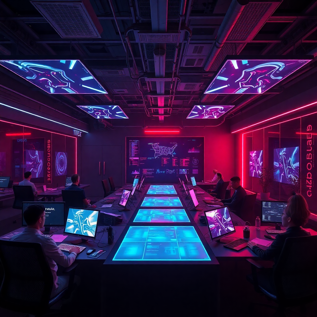 futuristic office space with holographic displays, modern workstations, and team collaboration in dark cyberpunk style with red and purple lighting
