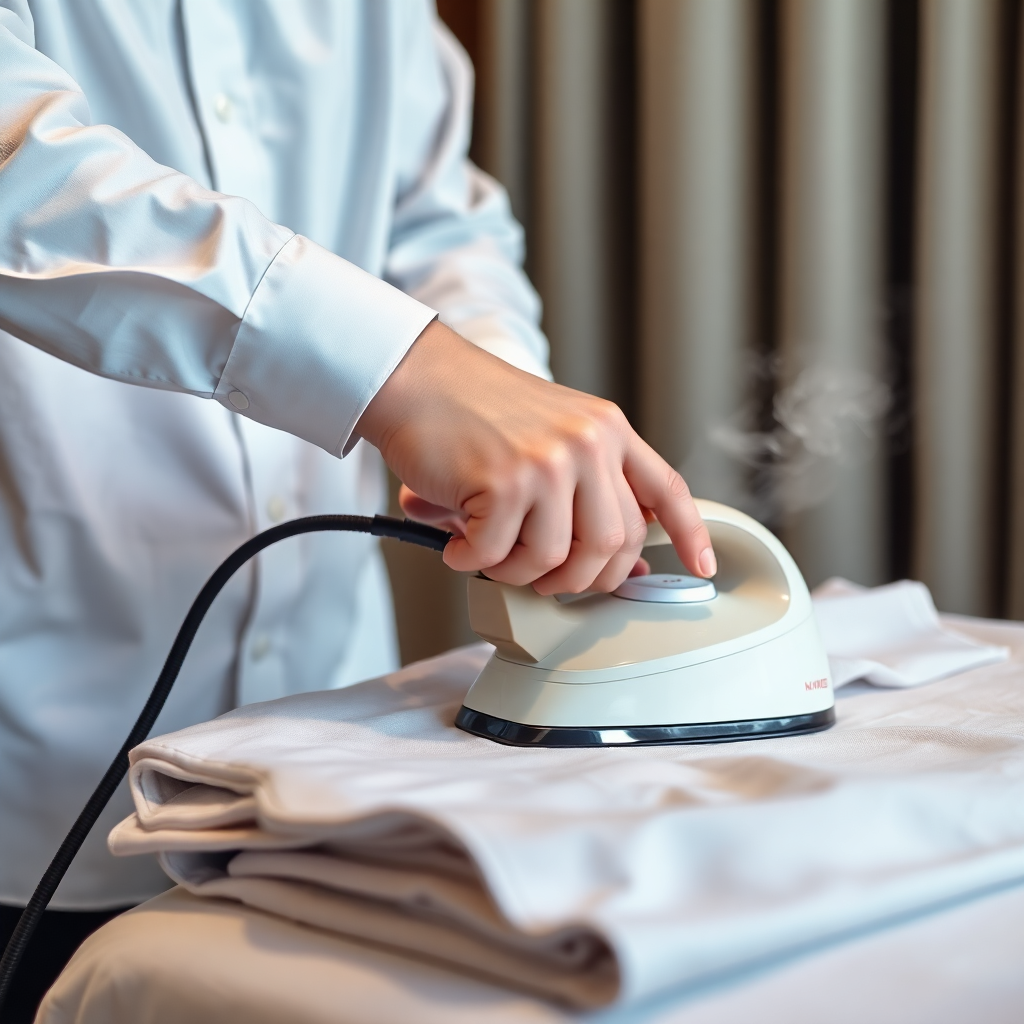 professional ironing service, steam pressing, luxury garment care, hotel housekeeping, pristine clothing