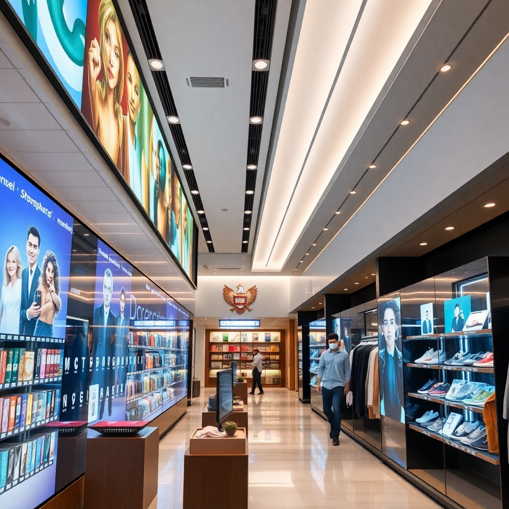 retail store with digital displays and AI shopping technology, modern shopping experience